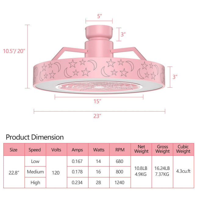 23 Inch Ceiling Fan with LED Light and Remote Control