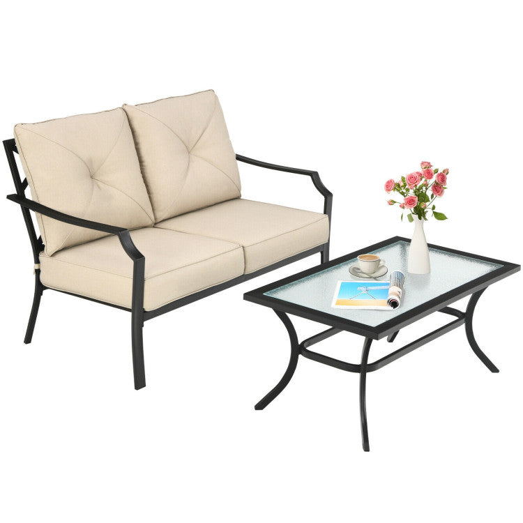 2-Piece Patio Cushioned Sofa with Coffee Table