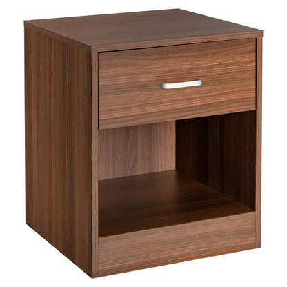 2-Tier Modern Wooden Nightstand with Storage Drawer and Open Cabinet