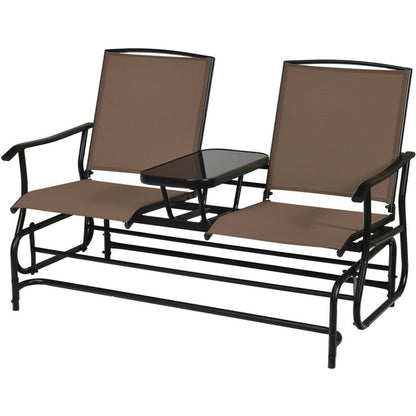 2-Person Double Rocking Loveseat with Mesh Fabric and Center Tempered Glass Table