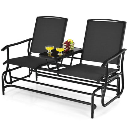 2-Person Double Rocking Loveseat with Mesh Fabric and Center Tempered Glass Table