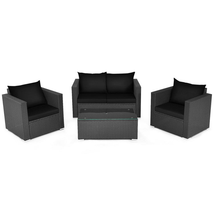 4-Piece Patio Rattan Conversation Set with Padded Cushion and Tempered Glass Coffee Table