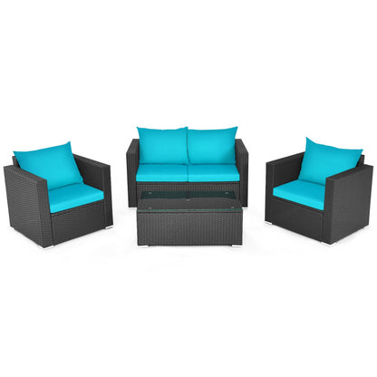 4-Piece Patio Rattan Conversation Set with Padded Cushion and Tempered Glass Coffee Table