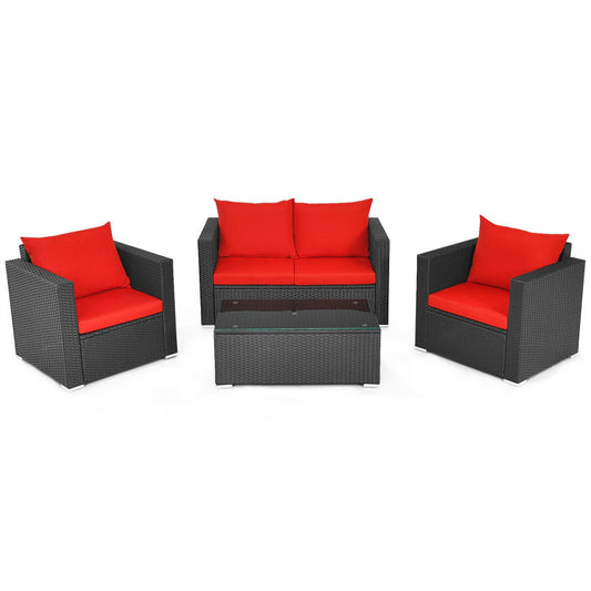 4-Piece Patio Rattan Conversation Set with Padded Cushion and Tempered Glass Coffee Table