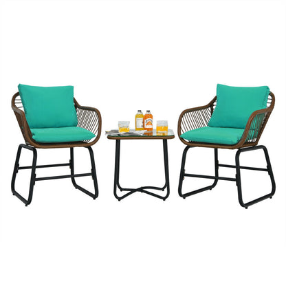 3-Piece Patio Rattan Bistro Set Cushioned Chair Glass Table Deck