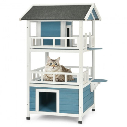 2-Story Outdoor Wooden Catio Cat House Shelter with Enclosure