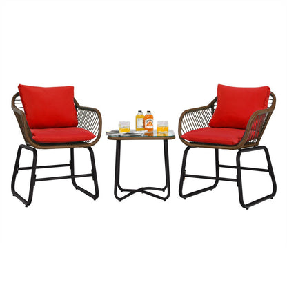 3-Piece Patio Rattan Bistro Set Cushioned Chair Glass Table Deck