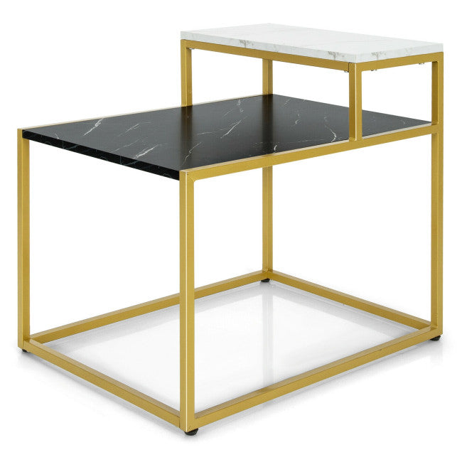 2 Tier End Side Table with Metal Frame and Storage Shelf for Living Room