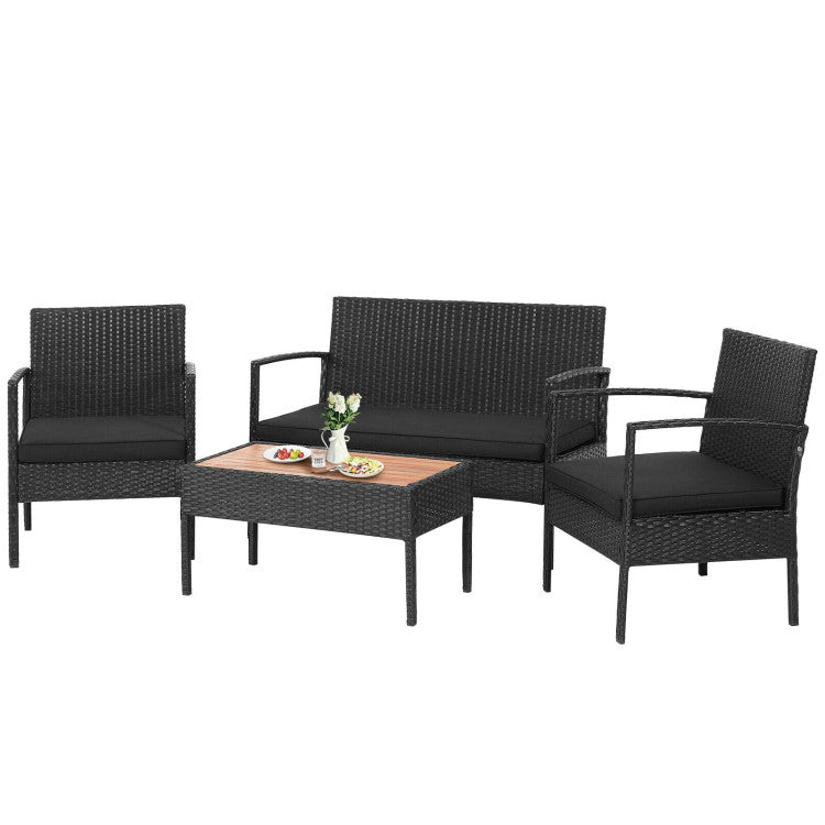 4-Piece Patio Rattan Furniture Set with Cushioned Chair and Wooden Tabletop