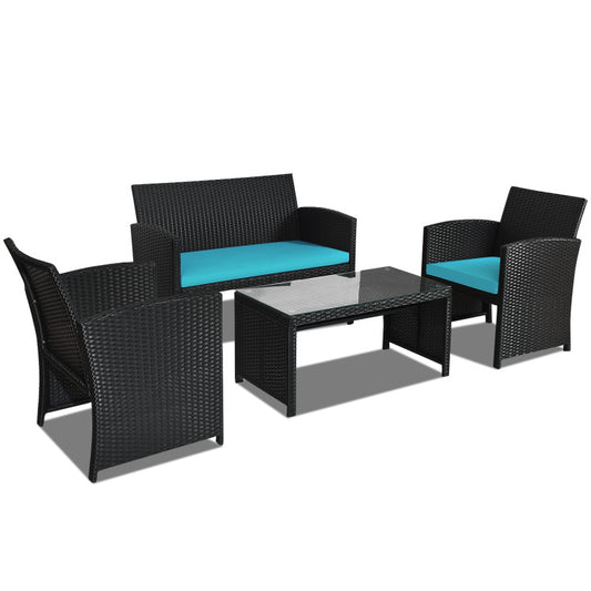 4-Piece Wicker Conversation Furniture Set Patio Sofa and Table Set