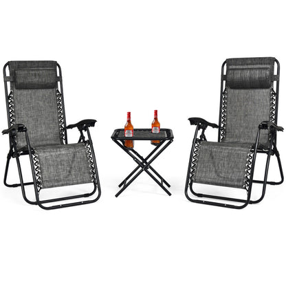 3-Piece Folding Portable Zero Gravity Reclining Lounge Chairs Table Set