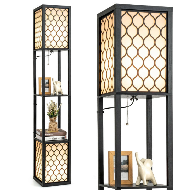 Modern Shelf Freestanding Floor Lamp with Double Lamp Pull Chain and Foot Switch