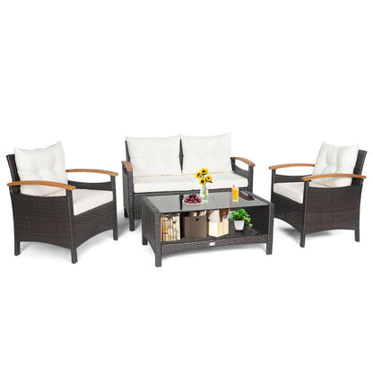 4-Piece Patio Rattan Furniture Set with Cushioned Sofa and Storage Table