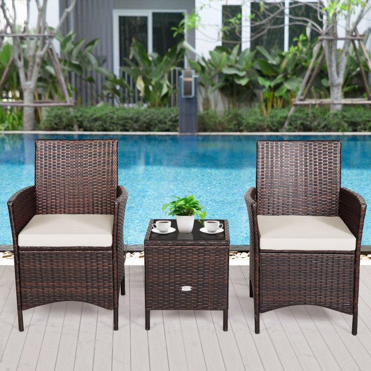 3-Piece Patio Rattan Furniture Set Cushioned Sofa and Glass Tabletop