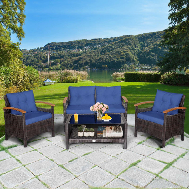 4-Piece Patio Rattan Furniture Set with Cushioned Sofa and Storage Table