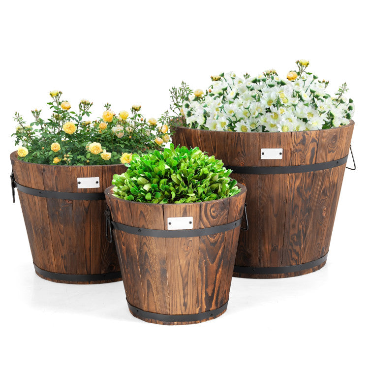 3 Piece Wooden Planter Barrel Set with Multiple Sizes