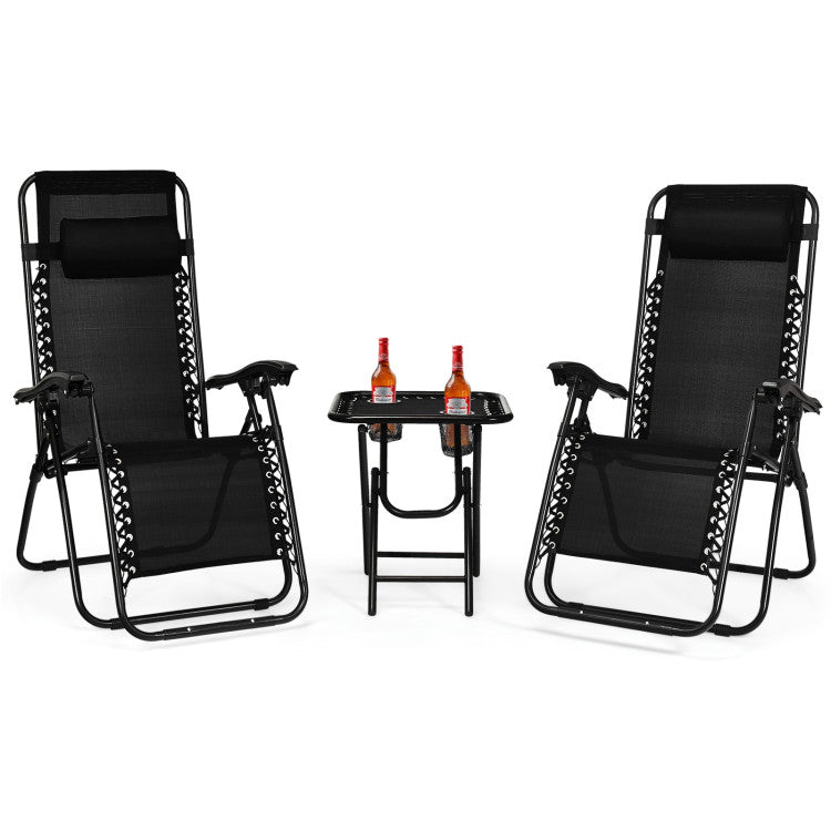 3-Piece Folding Portable Zero Gravity Reclining Lounge Chairs Table Set