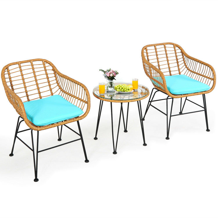 3-Piece Rattan Furniture Set with Cushioned Chair Table