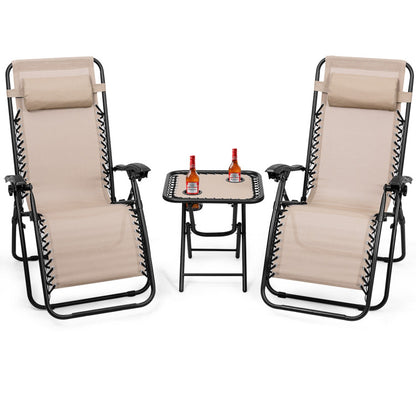 3-Piece Folding Portable Zero Gravity Reclining Lounge Chairs Table Set