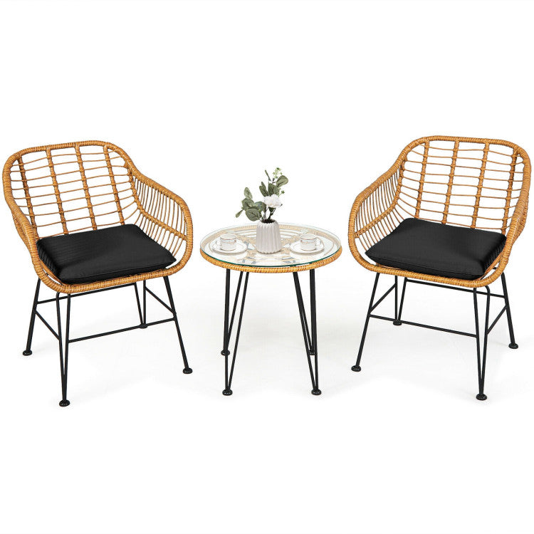 3-Piece Rattan Furniture Set with Cushioned Chair Table