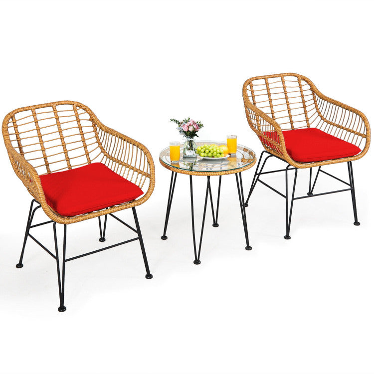 3-Piece Rattan Furniture Set with Cushioned Chair Table