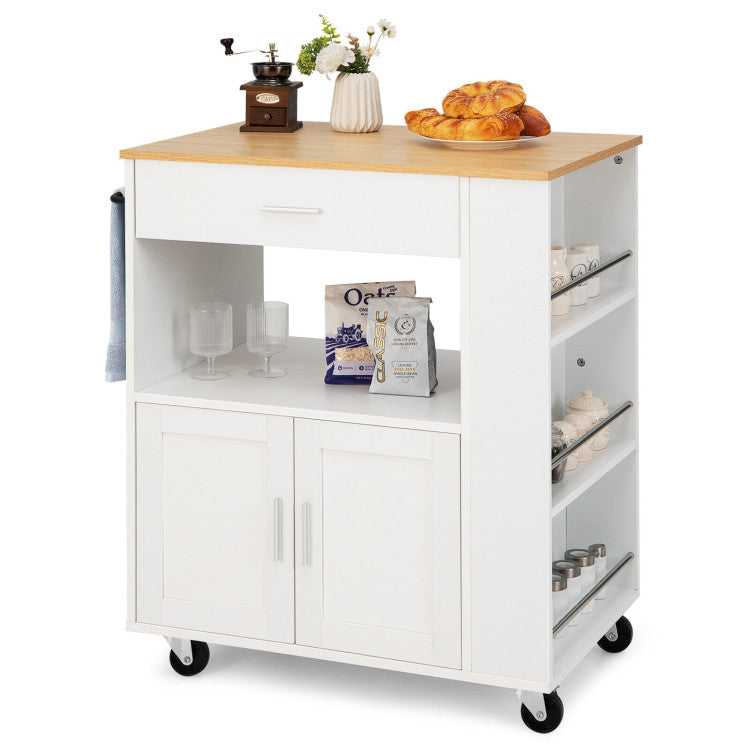 Rolling Kitchen Trolley with 3 Spice Racks Drawer and Open Shelf