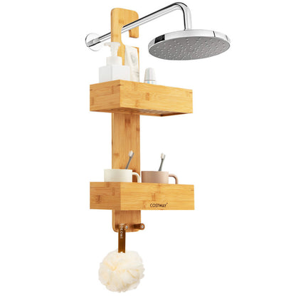 2-Tier Bamboo Hanging Shower Caddy Bathroom Shelf with 2 Hooks