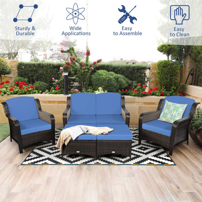 5-Piece Patio Rattan Sofa Set with Cushion and Ottoman