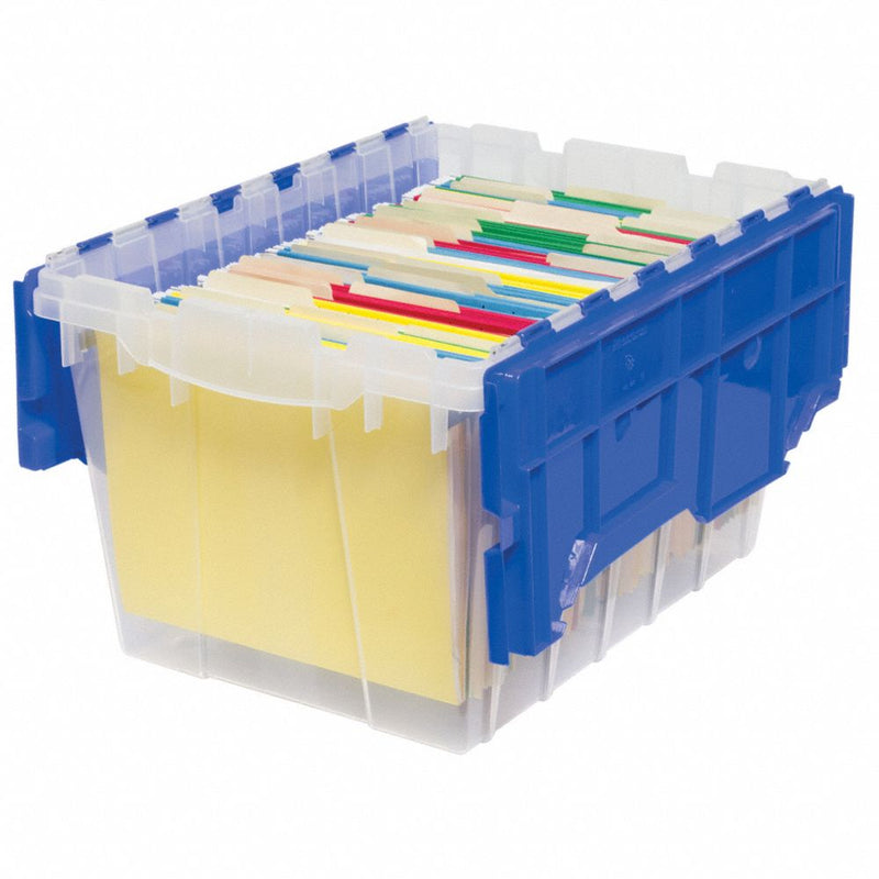Akro-Mils Plastic Storage Container 12 Gallon KeepBox File Box with Hinged Attached Lid 66486FILEB, (21-Inch L by 15-Inch W by 12-Inch H), Clear/Blue