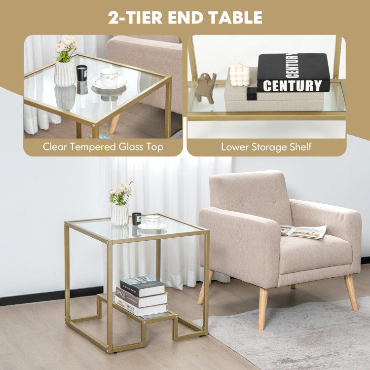 22 Inch 2-Tier Square Sofa Side Table with Tempered Glass Tabletop