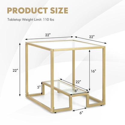 22 Inch 2-Tier Square Sofa Side Table with Tempered Glass Tabletop