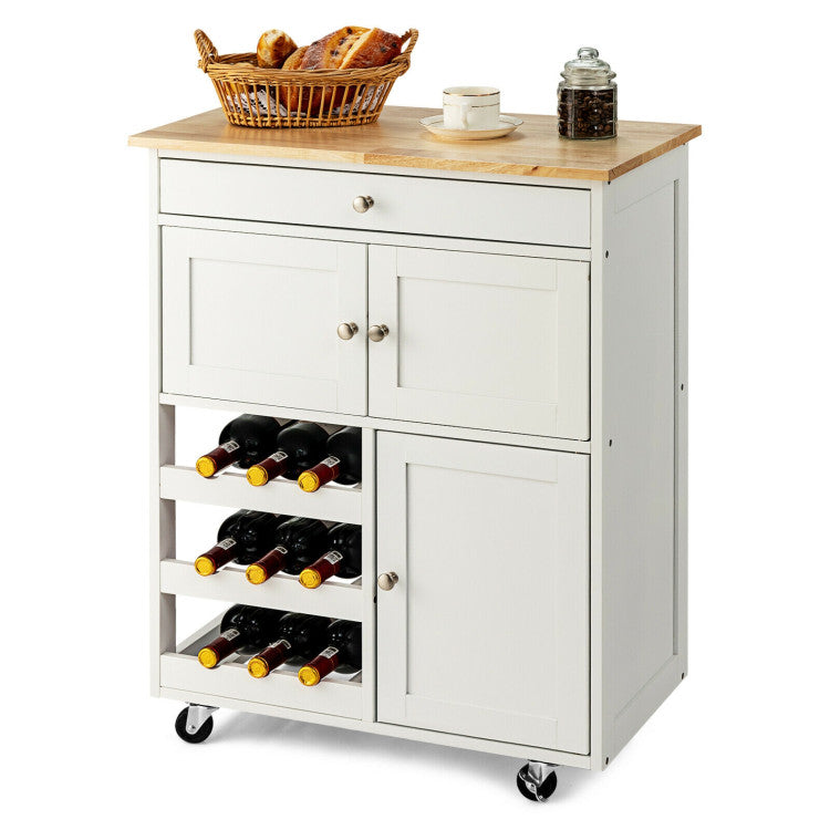 Kitchen Cart with Rubber Wood Top 3 Tier Wine Racks 2 Cabinets