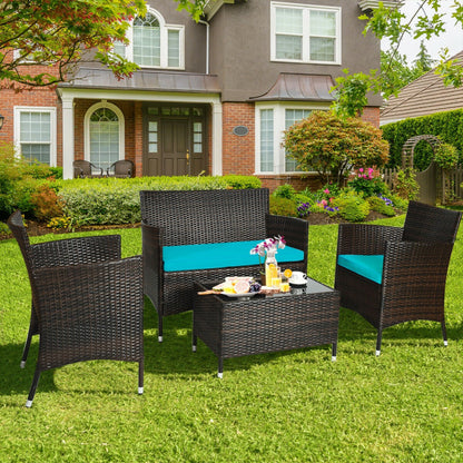 4 Pieces Comfortable Outdoor Rattan Sofa Set with Glass Coffee Table