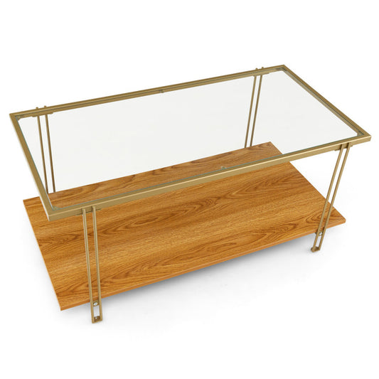 2 Tiers Rectangle Glass Coffee Table with White and Gold Steel Frame