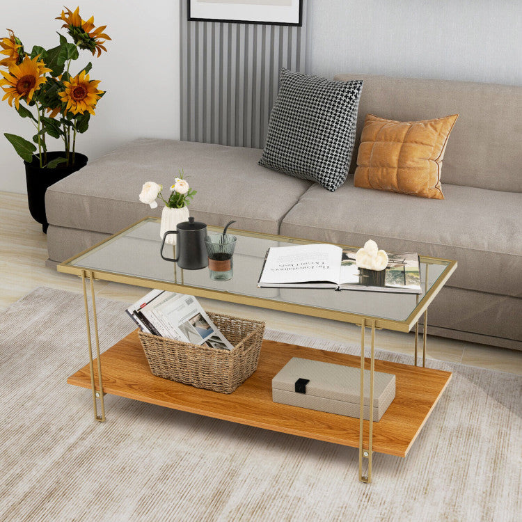 2 Tiers Rectangle Glass Coffee Table with White and Gold Steel Frame