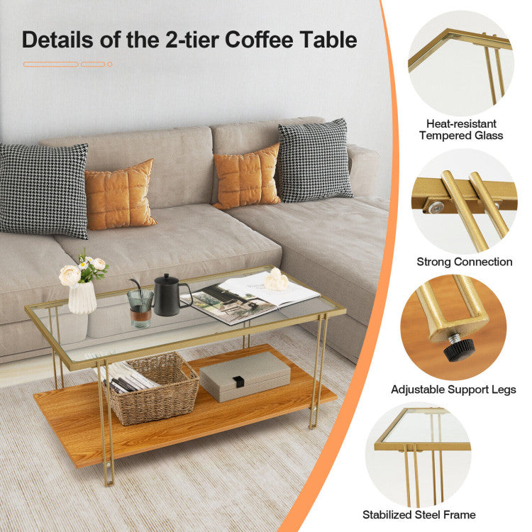 2 Tiers Rectangle Glass Coffee Table with White and Gold Steel Frame