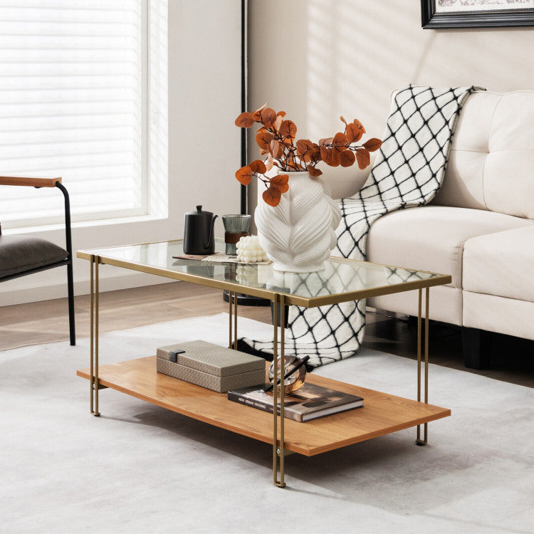 2 Tiers Rectangle Glass Coffee Table with White and Gold Steel Frame