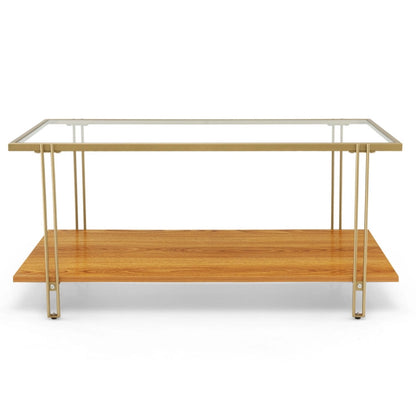 2 Tiers Rectangle Glass Coffee Table with White and Gold Steel Frame