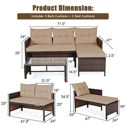 3 Pieces Outdoor Patio Corner Rattan Sofa Set