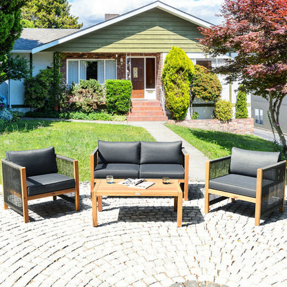 4-Piece Acacia Wood Sofa Set with Cushions for Outdoor Patio