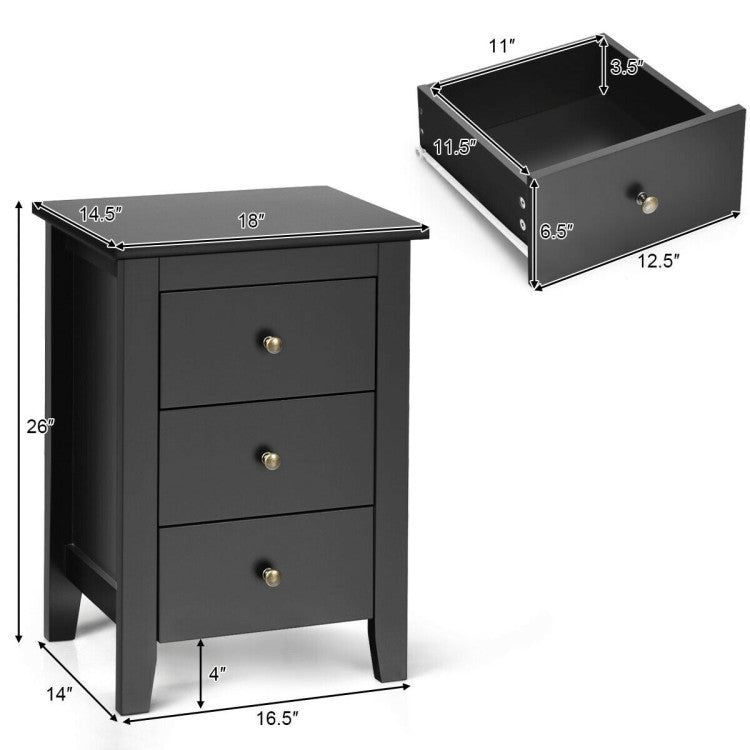 2 Pieces Nightstand End Beside Table with 3 Drawers