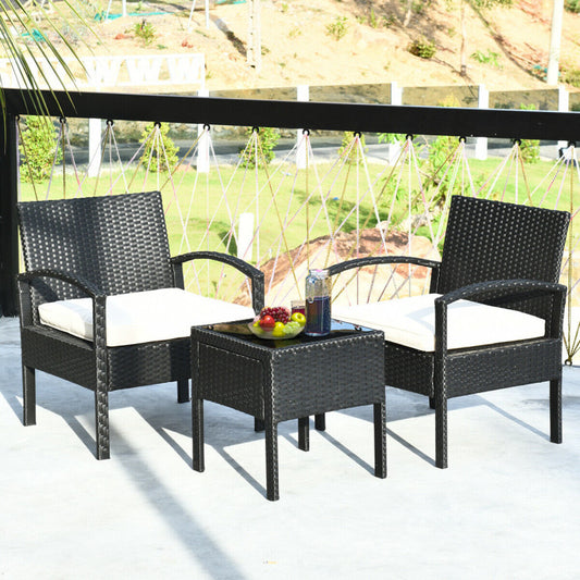 3-Piece Outdoor Rattan Patio Conversation Set with Seat Cushions