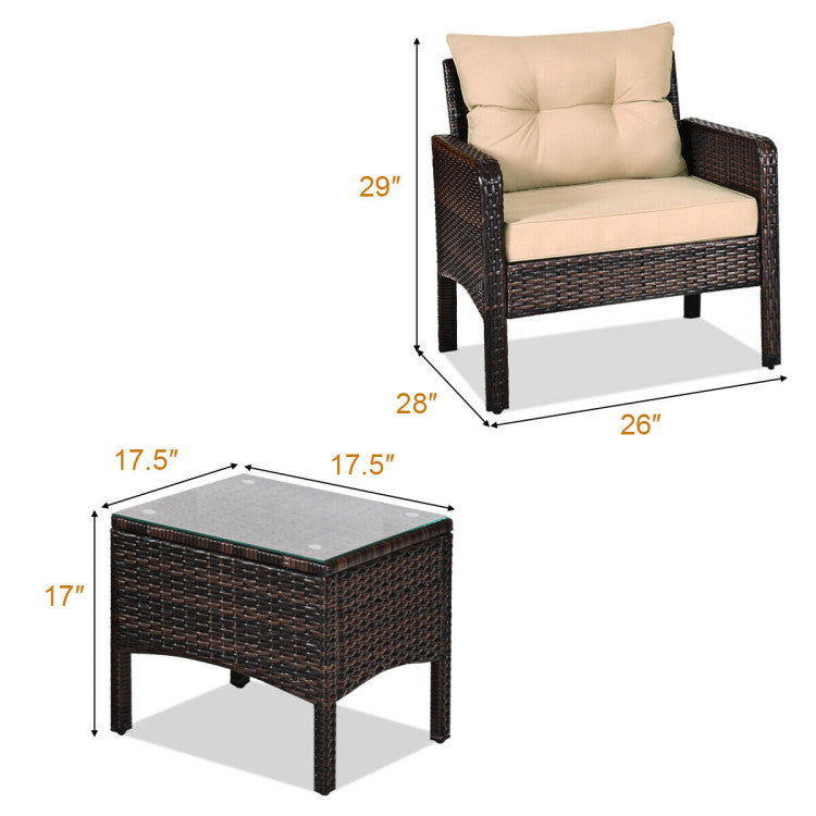 3-Piece Outdoor Patio Rattan Conversation Set with Seat Cushions