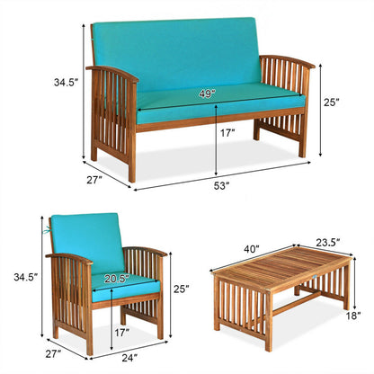 4-Piece Patio Solid Wood Furniture Set with Water Resistant Cushions