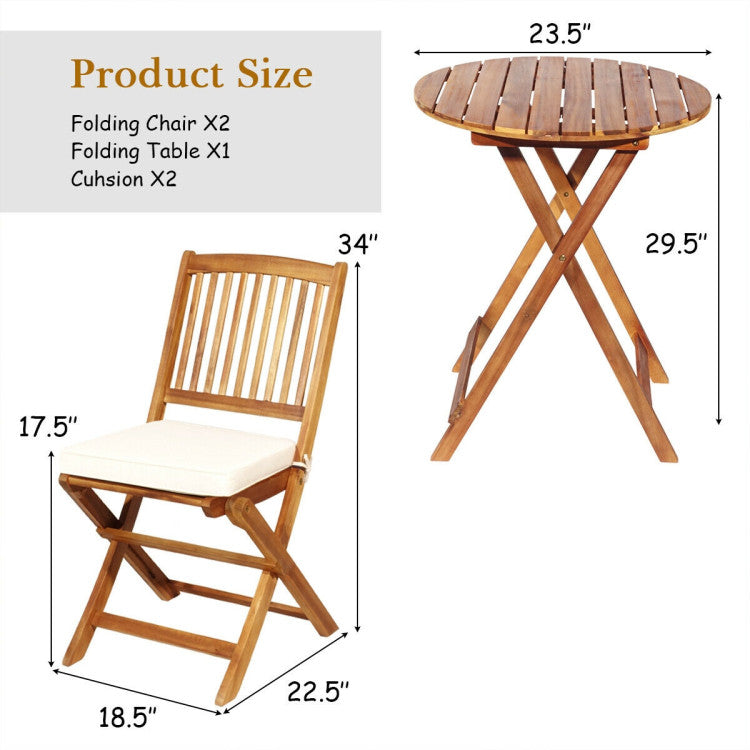 3-Piece Patio Folding Bistro Set with Padded Cushion and Round Coffee Table