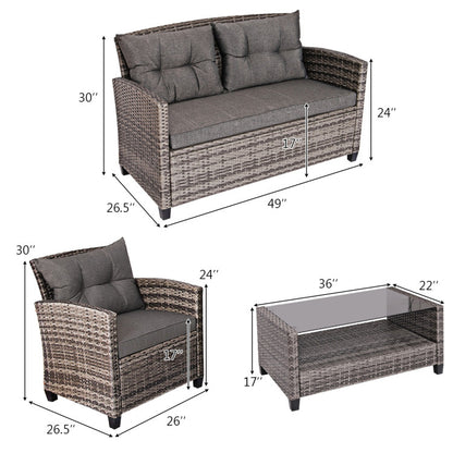 4-Piece Patio Rattan Furniture Set Coffee Table Cushioned Sofa