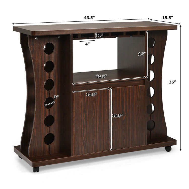 Rolling Buffet Sideboard Wooden Bar Storage Cabinet