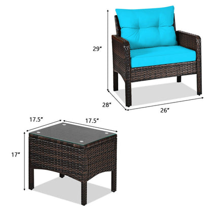 3-Piece Outdoor Patio Rattan Conversation Set with Seat Cushions