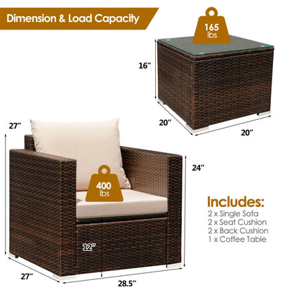 3-Piece Patio Conversation Rattan Furniture Set with Cushion