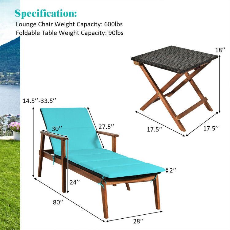 3-Piece Portable Patio Cushioned Rattan Lounge Chair Set with Folding Table